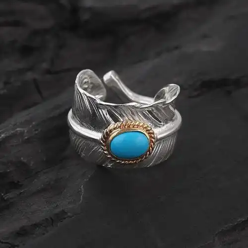 goros手工男款女款 均码镶绿松石 开口银羽毛戒指-阿里巴巴