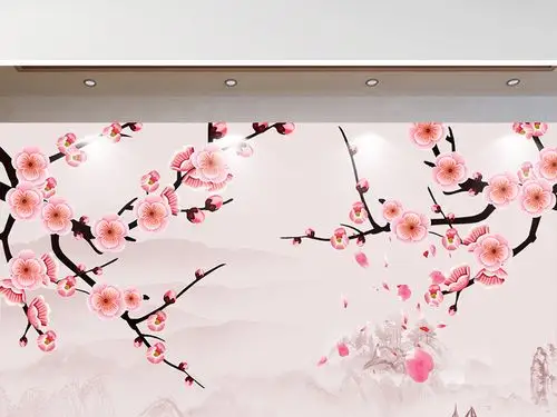 现代简约新中式手绘梅花山水情背景墙