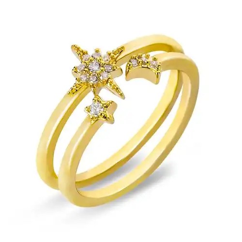 享见饰品女式时尚百搭新款金色铜镶锆真金电镀星星戒指2件套-阿里巴巴