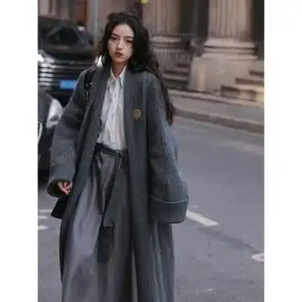 年轻橡素youngpresion法式复古翻袖针织开衫女秋季新款长款毛衣外套