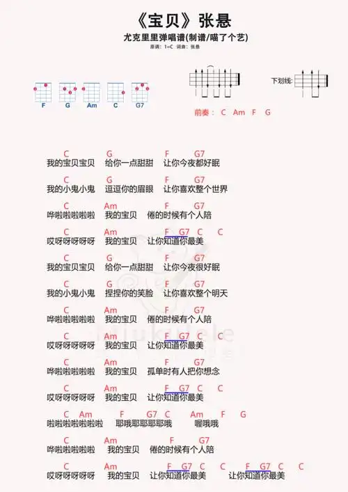 张悬《宝贝》尤克里里谱c调六线尤克里里谱-虫虫吉他谱免费下载