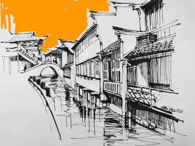 钢笔速写江南水乡