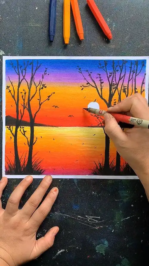 日落#油画棒教你画日落风景,零基础的你一看就会.-度小视