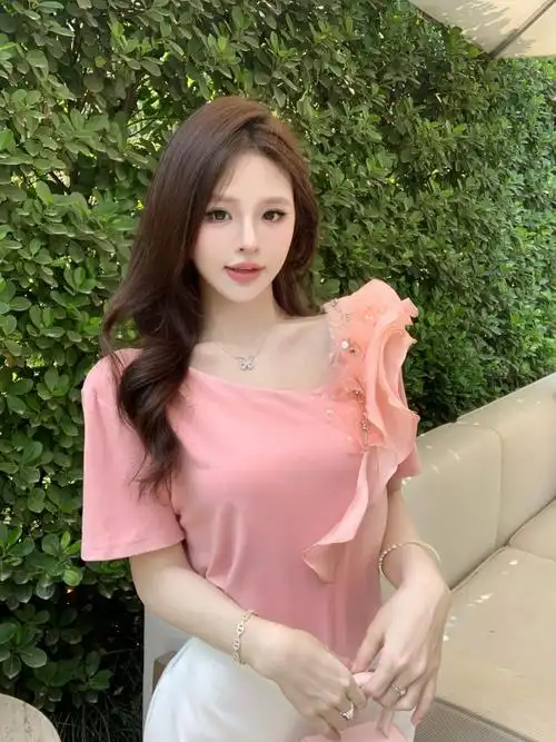 少女粉色甜美荷叶边短袖修身t恤夏日通勤女装上衣火爆新款