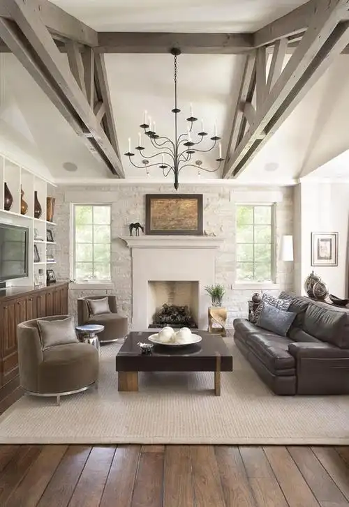 乡村大户型客厅沙发三角形吊顶设计装修效果图