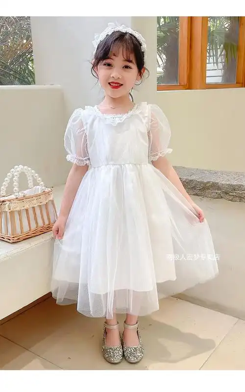 南极人女童公主裙夏季薄款儿童连衣裙泡泡袖小女孩生日礼服裙子中小童