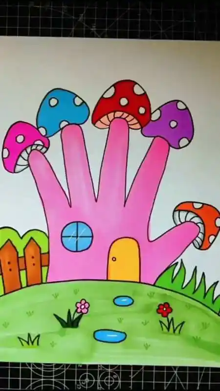 蘑菇房子手掌画简笔画创意手掌画真的是太可爱了周末跟孩子试试吧