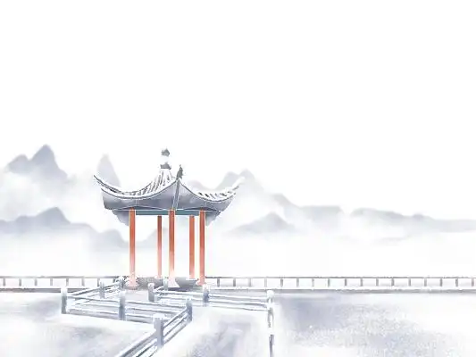 手绘春天山水亭子桃花展板背景水墨春天春天清明清明节手绘古风水墨