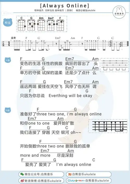 alwaysonline尤克里里谱林俊杰高清c调弹唱谱