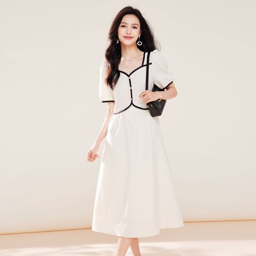 【连衣裙女夏季】撞色复古方领小香风显瘦气质中长裙