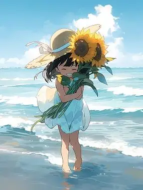 夏日卡通插画在海上抱着向日葵动漫女孩