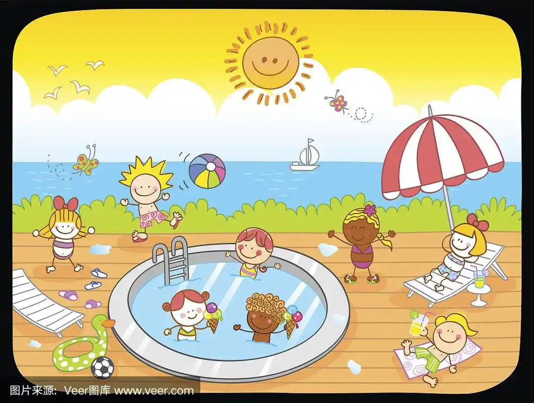 儿童在游泳池卡通插图