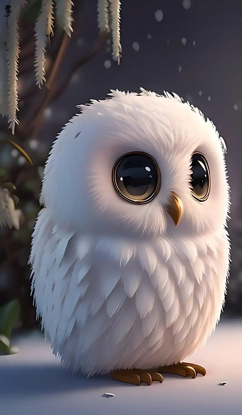 萌宝ai图文:可爱的白色猫头鹰,皮克斯风格,蓬松,雪#抖音图文计划 #萌