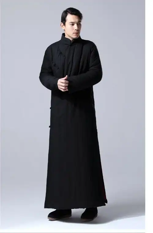 风男装棉麻冬保暖唐装斜襟长袍马褂民国长衫中式长款加厚棉袍紫红xl