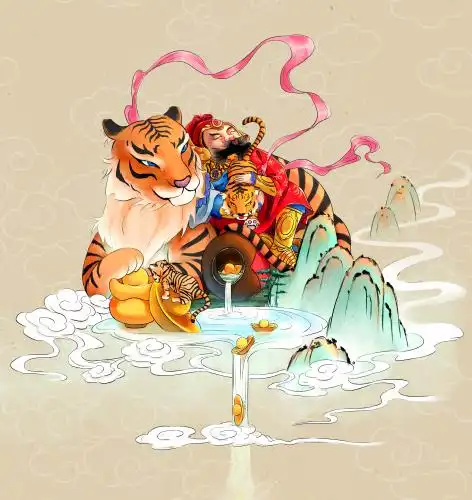 财神赵公明靠着坐骑撸虎睡觉碰倒酒缸散财