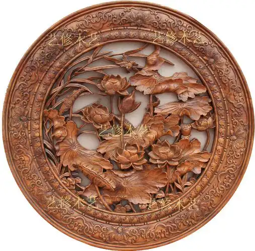 Φ1000 加厚带框荷花图木雕挂件 家居装饰用品