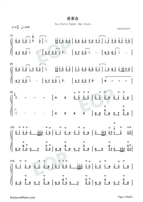 星茶会-轻快的钢琴rb曲-钢琴谱文件(五线谱,双手简谱,数字谱,midi,pdf