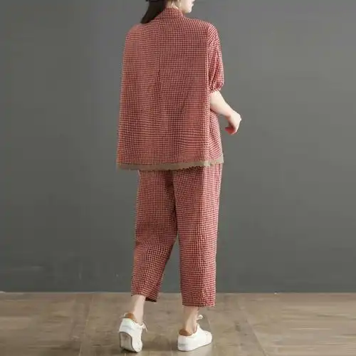 粉丝福利购 女装 棉麻九分裤套装女2021年夏装新款宽松休闲大码格子