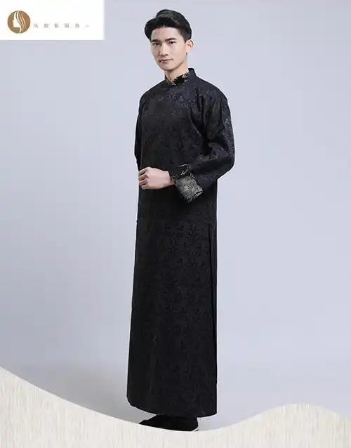 男士民国大褂中国风中式伴郎服绣花年会演出服长袍马褂男士男生 黑色