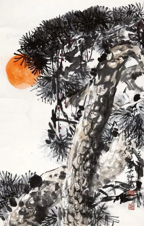 0188 1989年作 红日苍松图 立轴 设色纸本