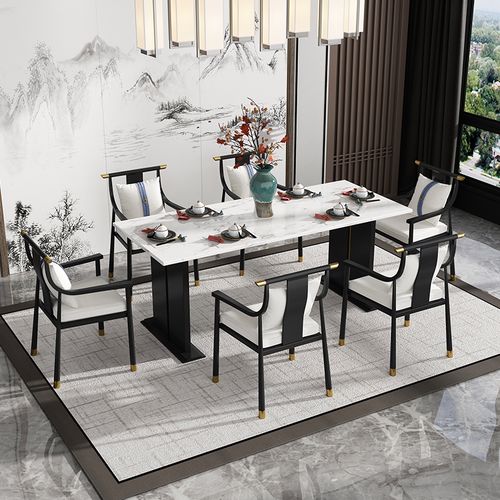 新中式餐桌椅子长方形现代轻奢简约大理石岩板高端小户型实木家用