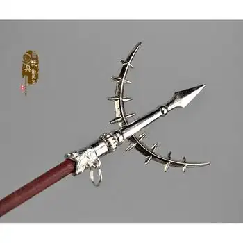 1/6古代兵器武器模型 檀木杆凤翅镏金镗少林龙须镗12寸兵人玩具