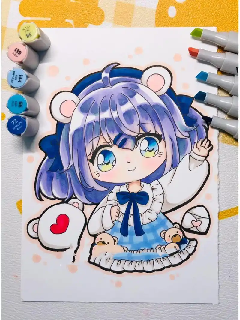 q版动漫半身|马克笔绘画|手绘步骤图|女生 马克笔:申内利尔,色号在