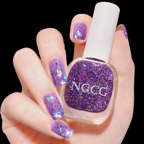 夏季紫色指甲油免烤持久亮晶晶爆闪芋泥波波美甲网红显白亮片脚趾