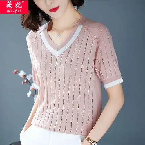 冰丝针织衫女中袖薄款夏季宽松休闲丅恤短袖v领镂空竖条纹t恤上衣