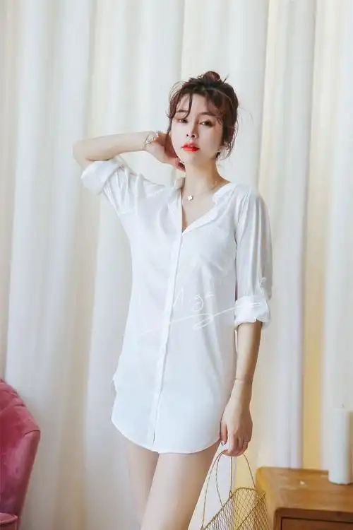 新品女士仿真丝睡衣夏长袖性感白衬衫诱惑短裙可挽袖宽松冰丝睡裙