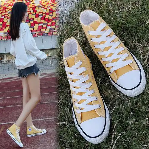 土黄色高邦帆布鞋女韩版ulzzang潮学生港味鞋2022新款百搭高帮鞋