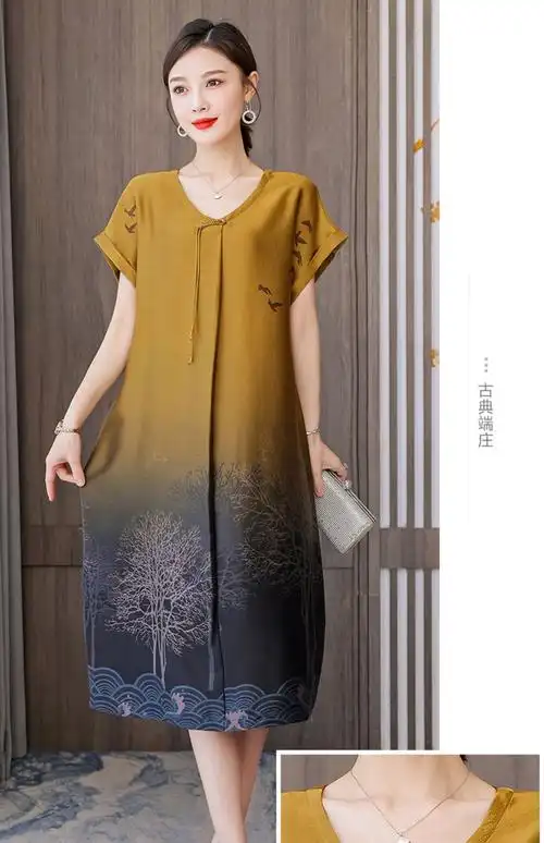 实拍真丝香云纱连衣裙女夏2022新款大码女装v领短袖中长款连衣裙 - 17