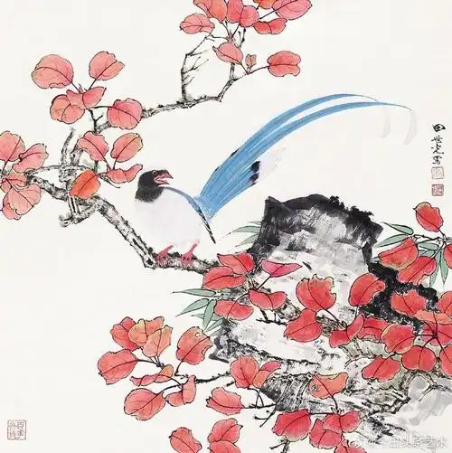 【 画家田世光花鸟画红叶珍禽图 】#花鸟画##国画