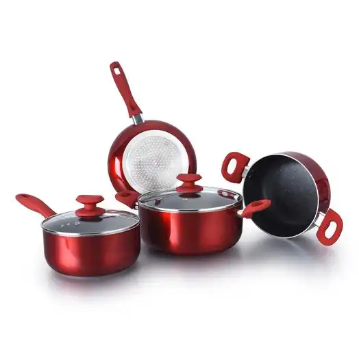 2020热销红色金属不粘铝厨房感应烹饪锅碗瓢盆炊具套装