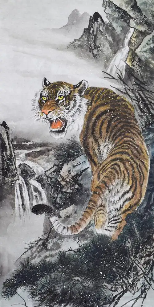 梁振辉现代作家工笔画四尺老虎_老虎_动物_省美协国画_名家作品_园圆