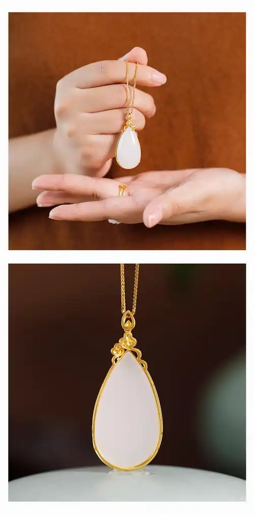 古珍18k金镶玉和田玉水滴吊坠新疆羊脂白玉坠子古法金镶嵌女款项链送