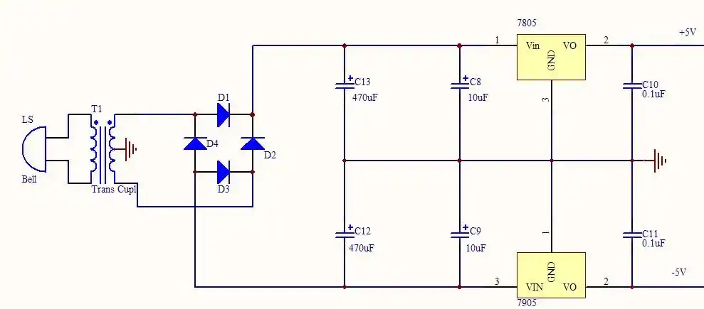 我想用7805,7905,组成正负5v输出,帮我看看这个图对不对,高手指点一下