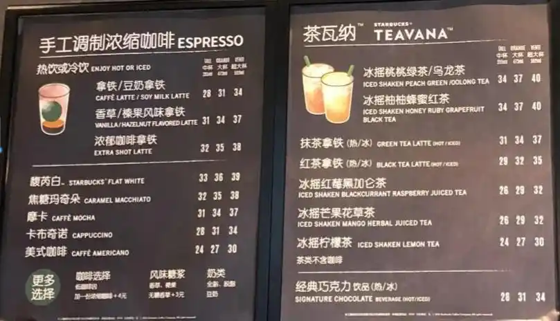 星巴克2021价目表配图,一杯星巴克多少钱
