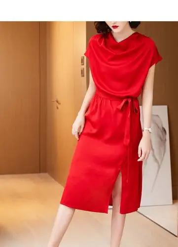重磅红色真丝连衣裙女2020夏季新款单层缎面桑蚕丝收腰显瘦长裙子