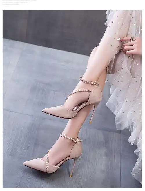 钎金鸟一字带高跟鞋女仙女风细跟单鞋2020年夏新款尖头水钻中空鞋