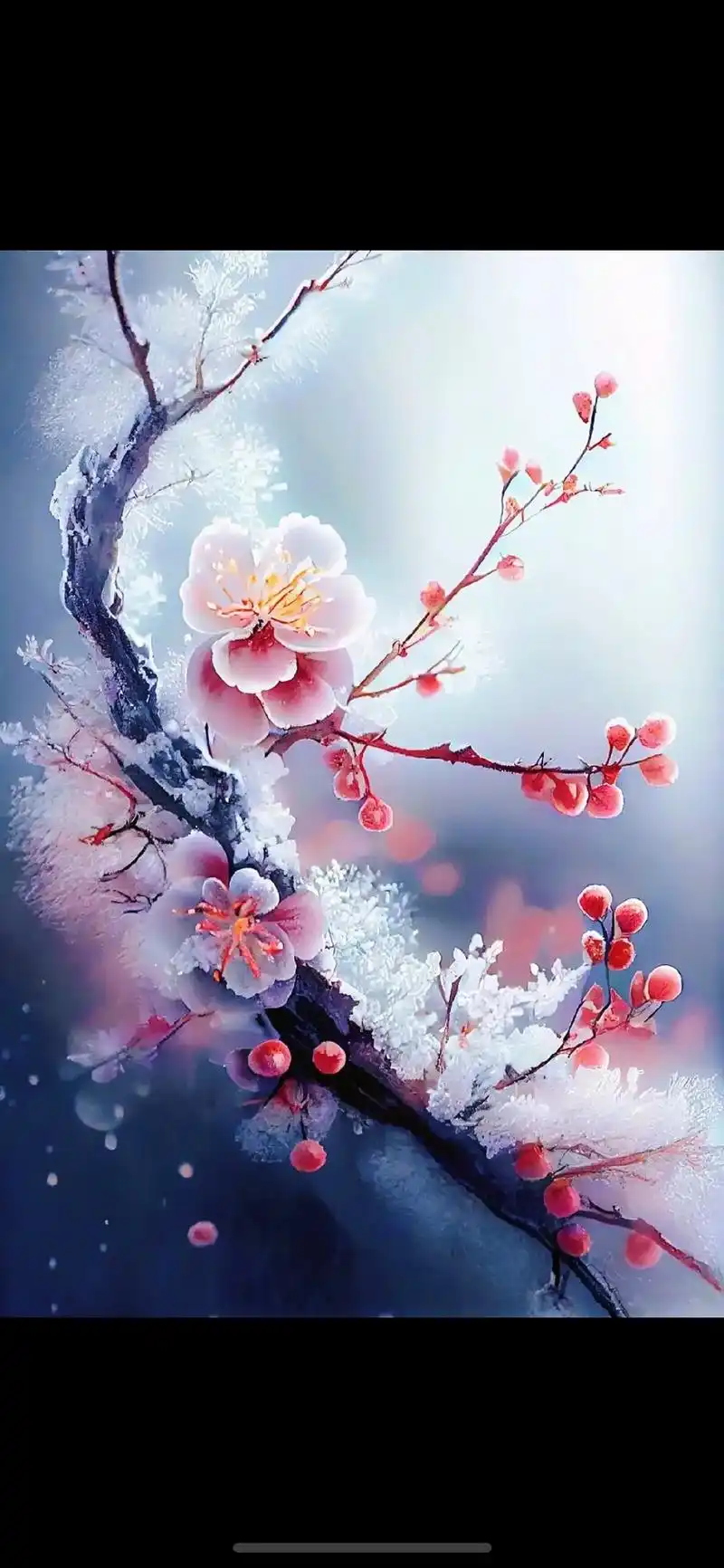 冬雪催开梅一枝, 嫣红又惹我相思. 欢声笑语今何在, 犹忆当 - 抖音