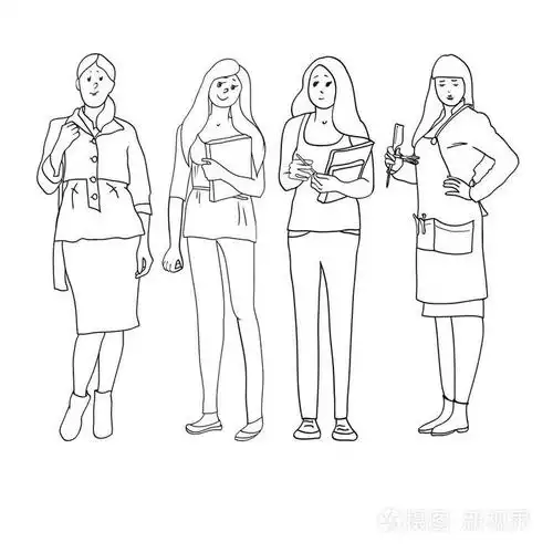 插画 矢量插图中的一组图纸是黑白线性女性职业女性人物.eps