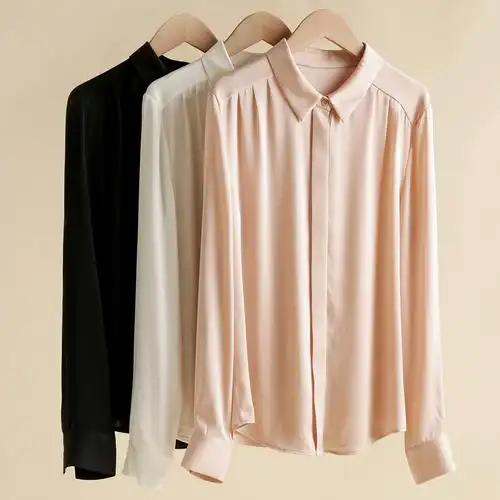 新时尚洋气正宗重磅桑蚕丝气质高品质粉色长袖衬衣真丝衬衫女纯色