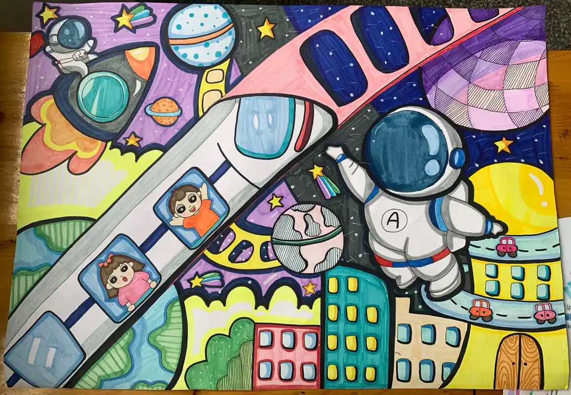 科幻《未来世界》儿童画 临摹桃子匠儿童画94 马克笔上色94 多多