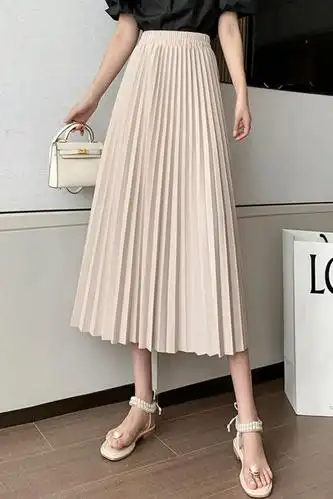 2021春款法式优雅大摆a字百褶裙女高腰中长款百搭半身裙长裙