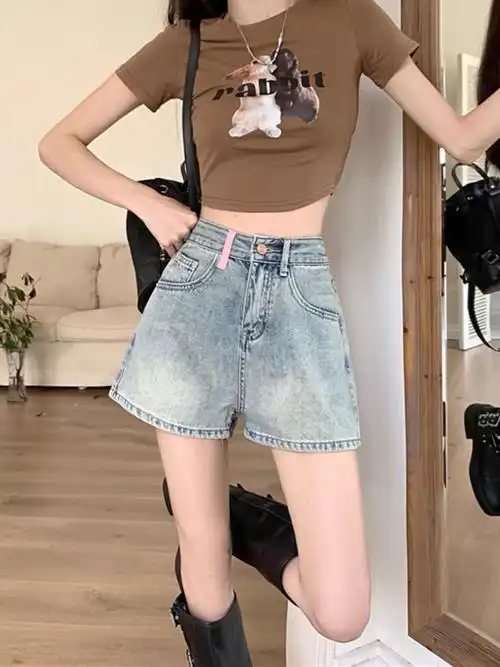 大码女装牛仔短裤2024夏新款高腰显瘦阔腿宽松a字微胖妹妹热裤子 - 17