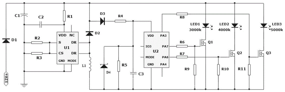 一种三色led汽车大灯的驱动控制电路的制作方法