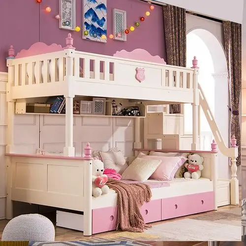粉色高低床实木全实木上下床双层床儿童床女孩公主母子床