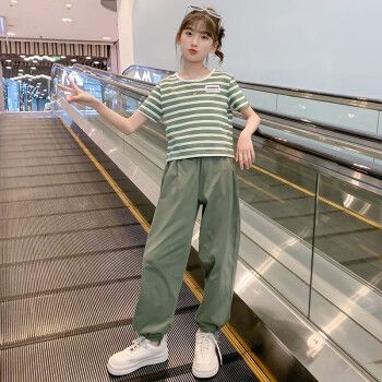 哈熙牛大童女装夏季套装2023新款女孩短袖长裤条纹薄款休闲两件套812