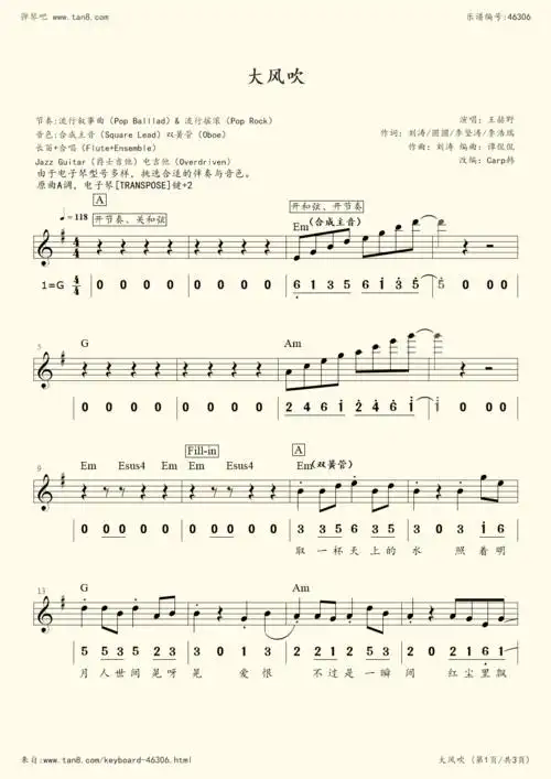 大风吹(g调电子琴谱)》,王赫野(五线谱 电子琴谱)-弹琴吧(原蛐蛐钢琴